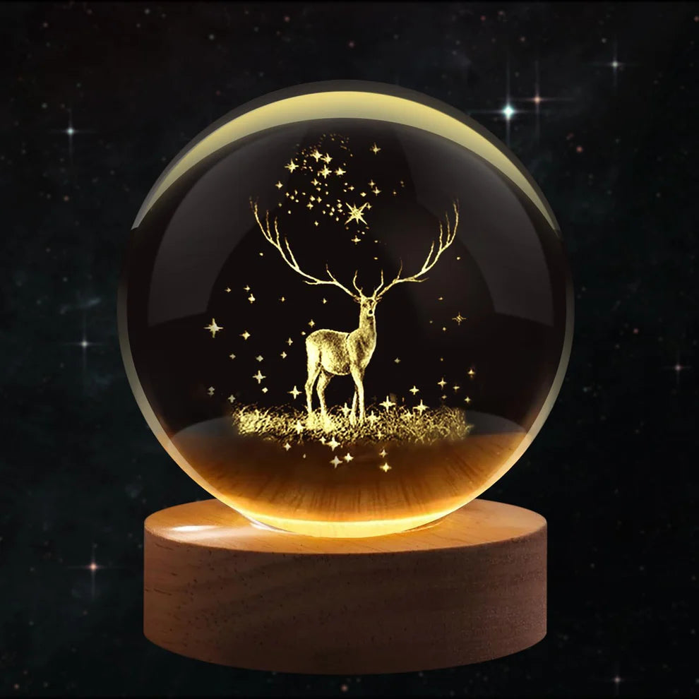 Galaxy + Deer | 3D Crystal Night Lamp with Warm White LED & Wooden Base | Pack of 2