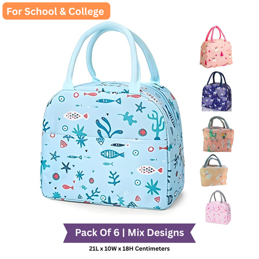 Insulated Lunch Bags For School & College | Mix Design (Pack of 6)