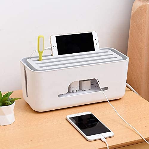 Cable Management Box with Mobile Stand - Power Strip, Cords, Wires | Surge Protector Hiding Cover Organizer for Home, Office (White)