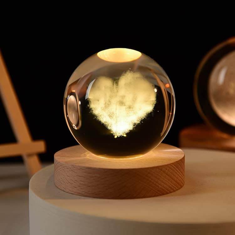Love Heart crystal ball night lamp lit warm white on its wooden base