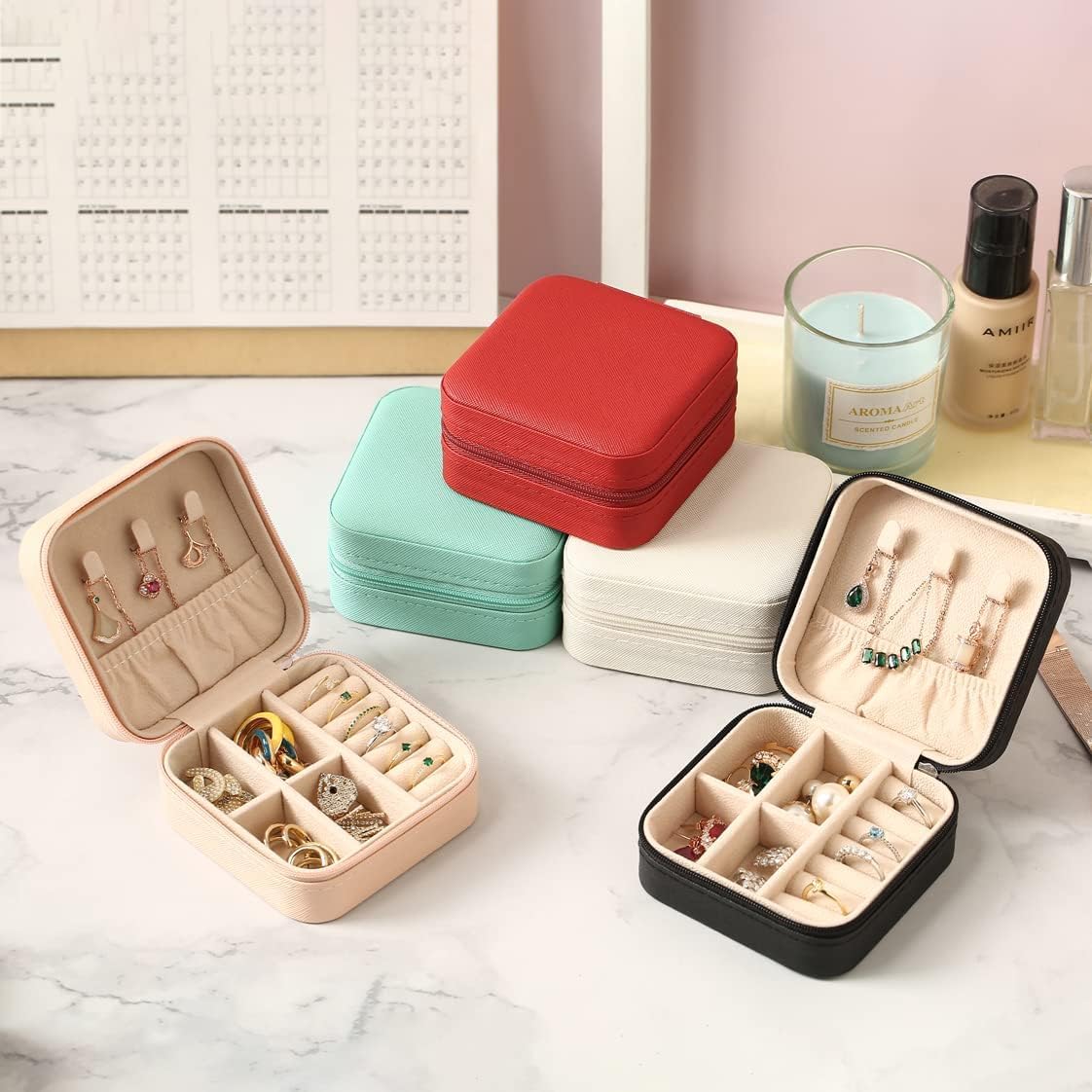 Houme Portable Jewellery Organiser with Dividers & Container for Rings, Earrings, Necklace - Pack of 2
