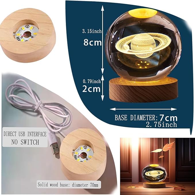 3D Saturn Crystal Ball Lamp with USB Powered 3.15 Inch LED Wooden Base, Perfect for Gifts