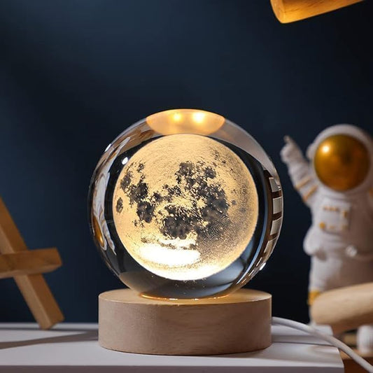 Galaxy + Moon | 3D Crystal Night Lamp with Warm White LED & Wooden Base | Combo
