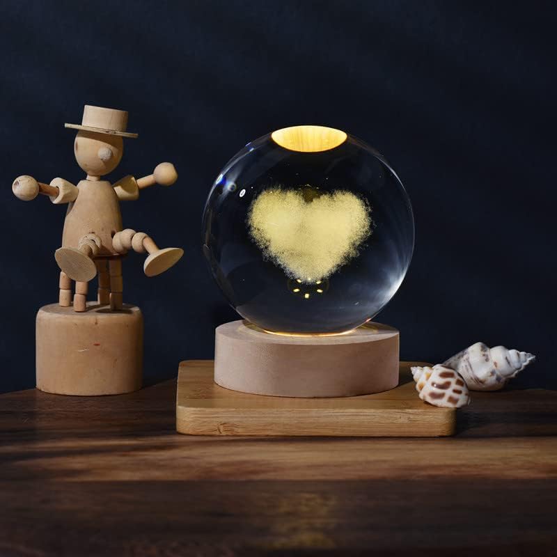 Love Heart crystal ball night lamp — 6 cm K9 crystal ball on a 6 cm wooden LED base