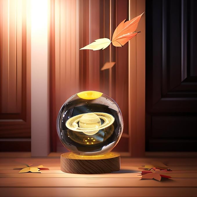Saturn crystal ball night lamp — 6 cm K9 crystal ball on a 6 cm wooden LED base
