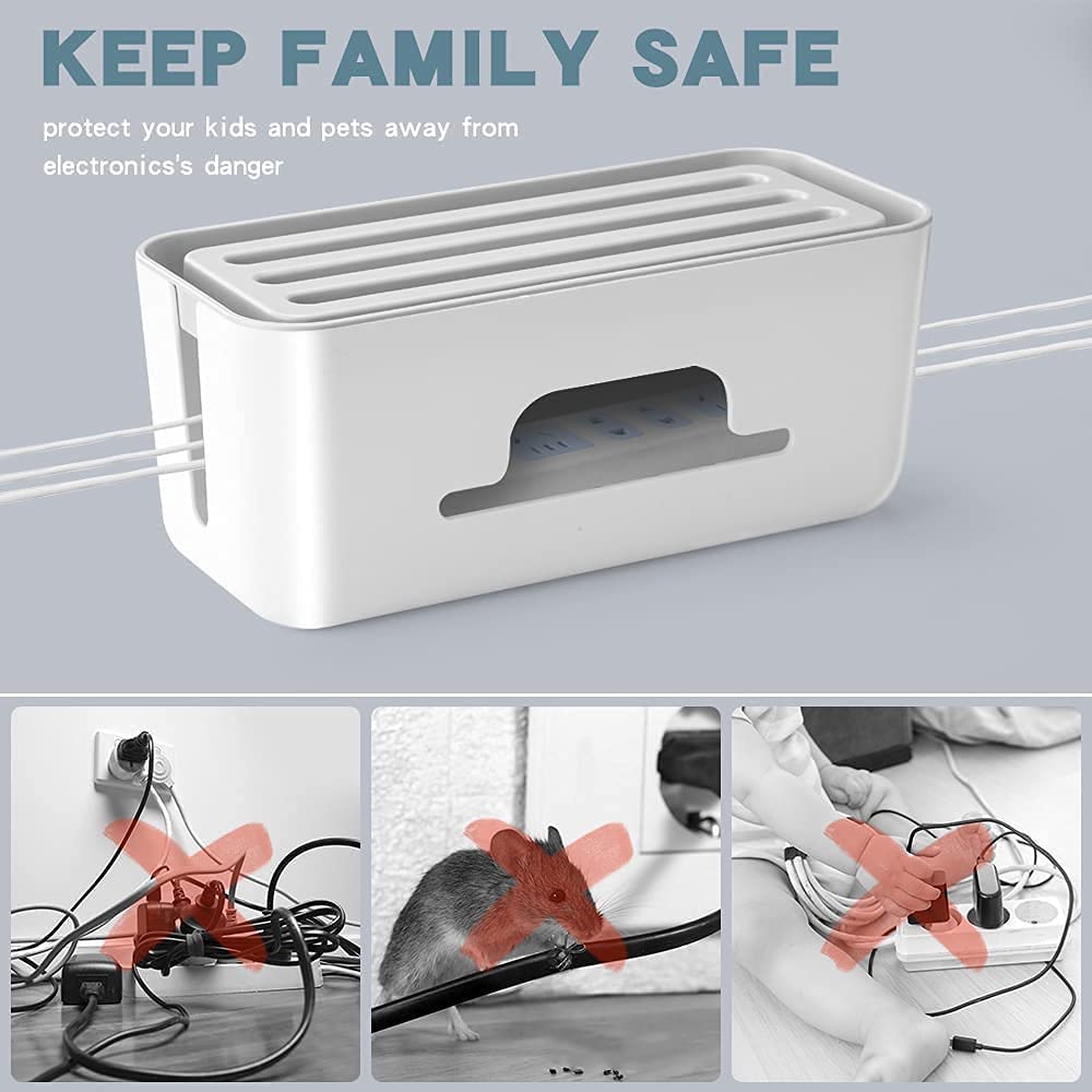 Cable Management Box with Mobile Stand - Power Strip, Cords, Wires | Surge Protector Hiding Cover Organizer for Home, Office (White)