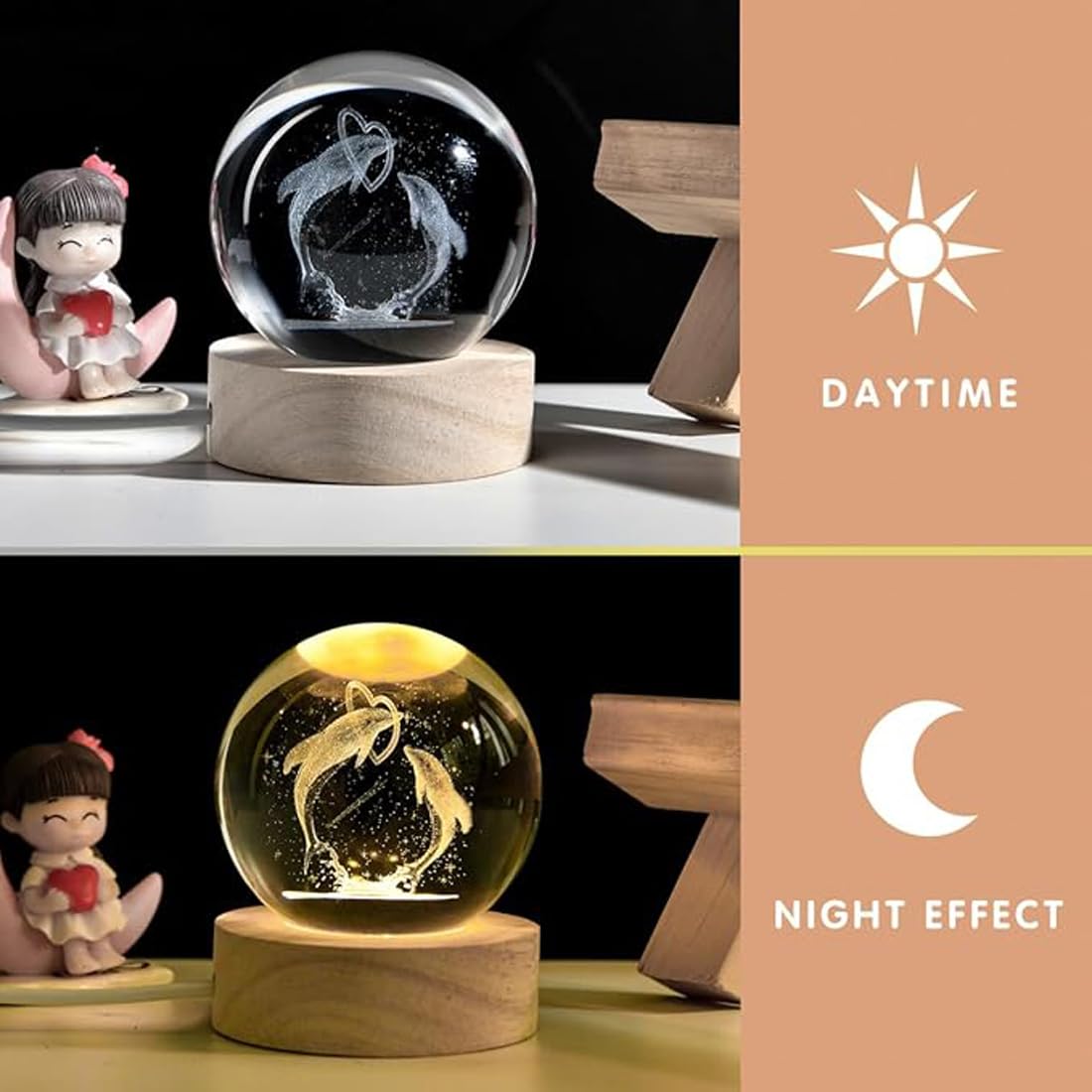 3D Galaxy Crystal Ball Night Lamp with USB Table LED - Dolphins