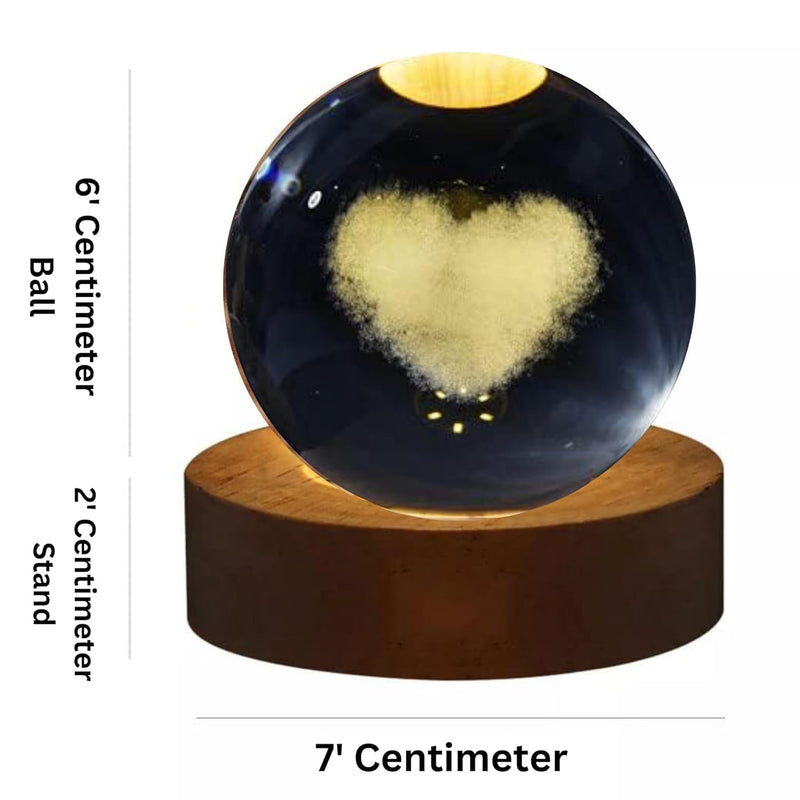Love Heart crystal ball night lamp showing a heart suspended at the centre laser-engraved inside the crystal