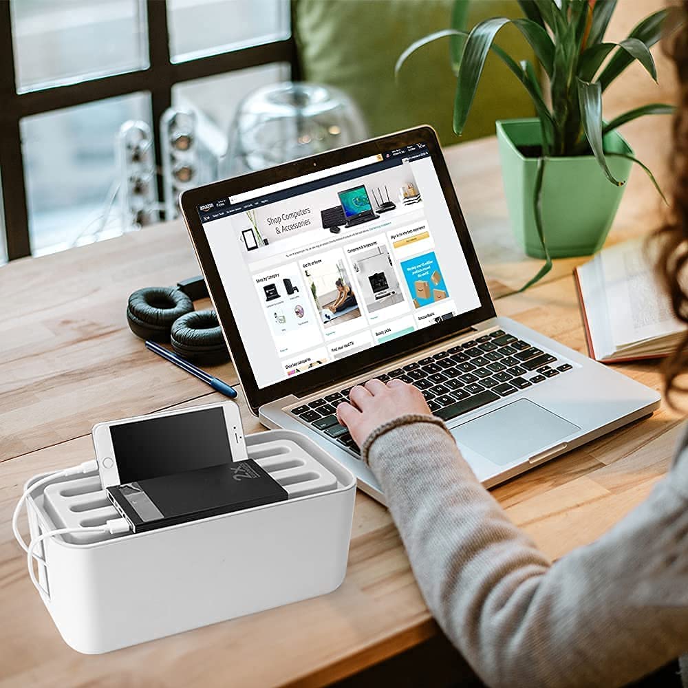 Cable Management Box with Mobile Stand - Power Strip, Cords, Wires | Surge Protector Hiding Cover Organizer for Home, Office (White)