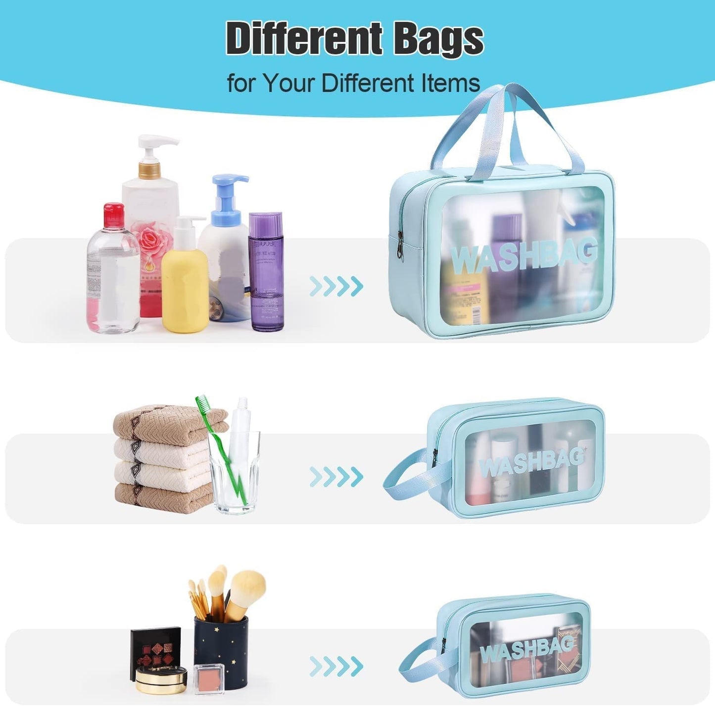 Makeup & Toiletry Bags for Cosmetics, Brushes, Accessories Set of 3 - (Blue)