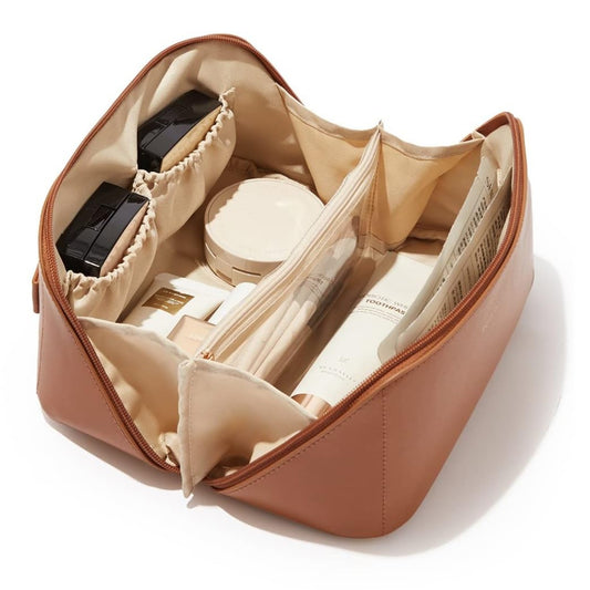 Womens Large Capacity Cosmetic Bag with Wide Opening, Dividers With Handle (Cross Open, Brown)