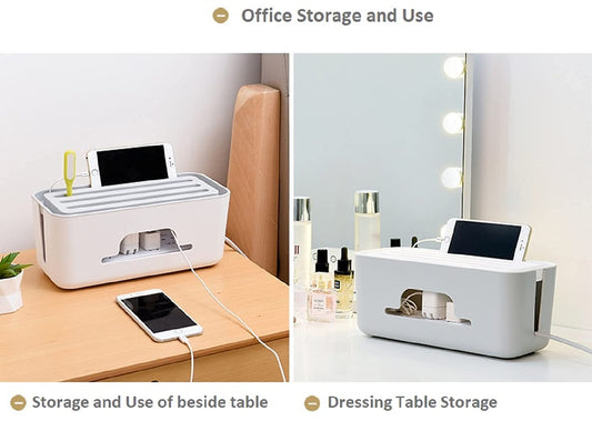 Cable Management Box with Mobile Stand - Power Strip, Cords, Wires | Surge Protector Hiding Cover Organizer for Home, Office (White)