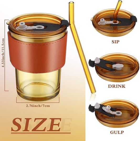 Glass Coffee Sipper Mugs with Straw and Lid Sealed with Leather Sleeve (Brown, 400ml)