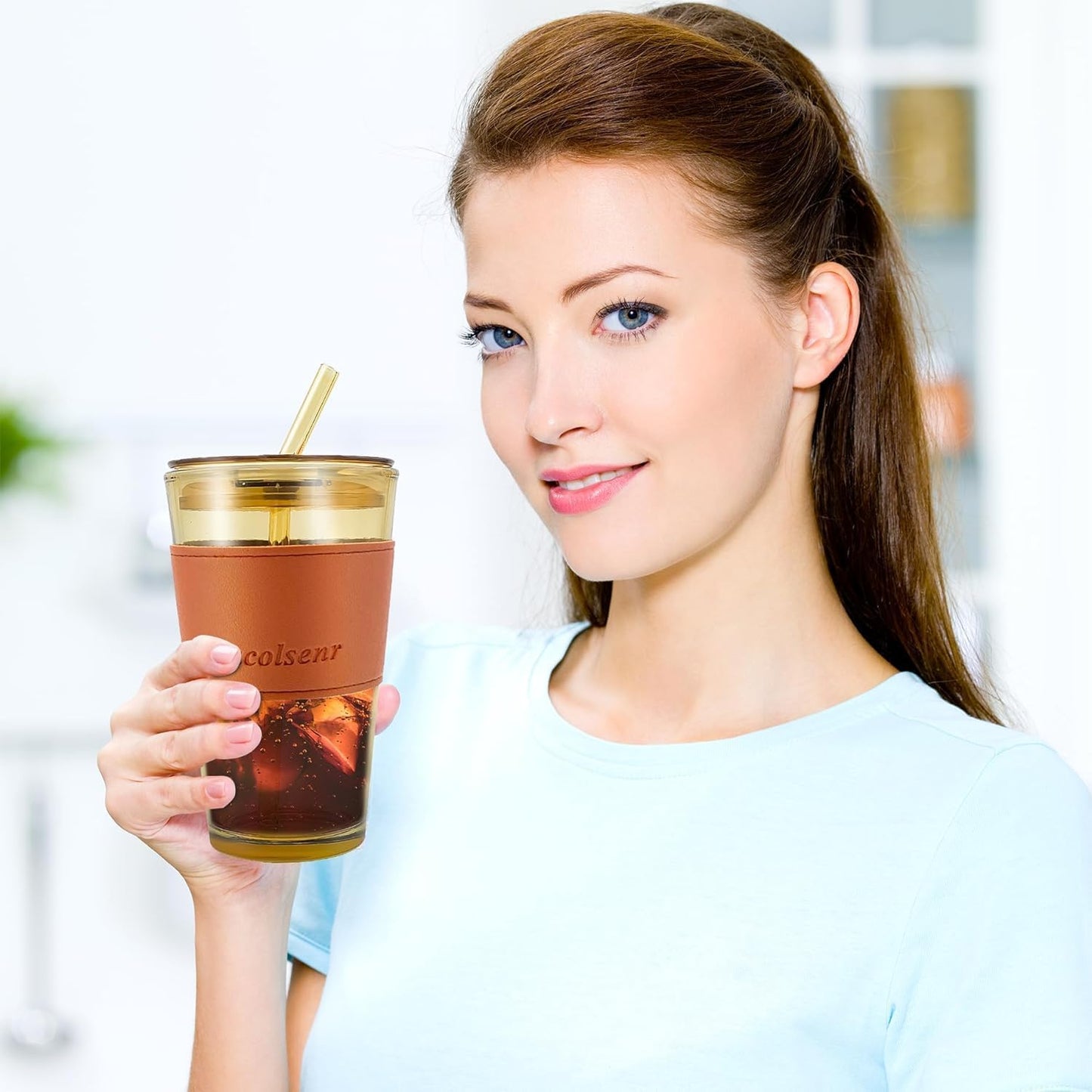 Glass Coffee Sipper Mugs with Straw and Lid Sealed with Leather Sleeve (Brown)