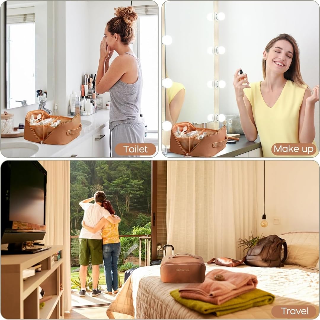 Womens Large Capacity Cosmetic Bag with Wide Opening, Dividers With Handle (Cross Open, Brown)