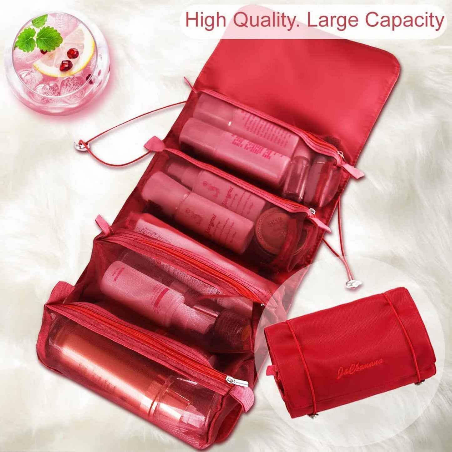 Foldable Make up Pouch for Makeup Accessories, Storage Bag for Cosmetics (Dark Red)