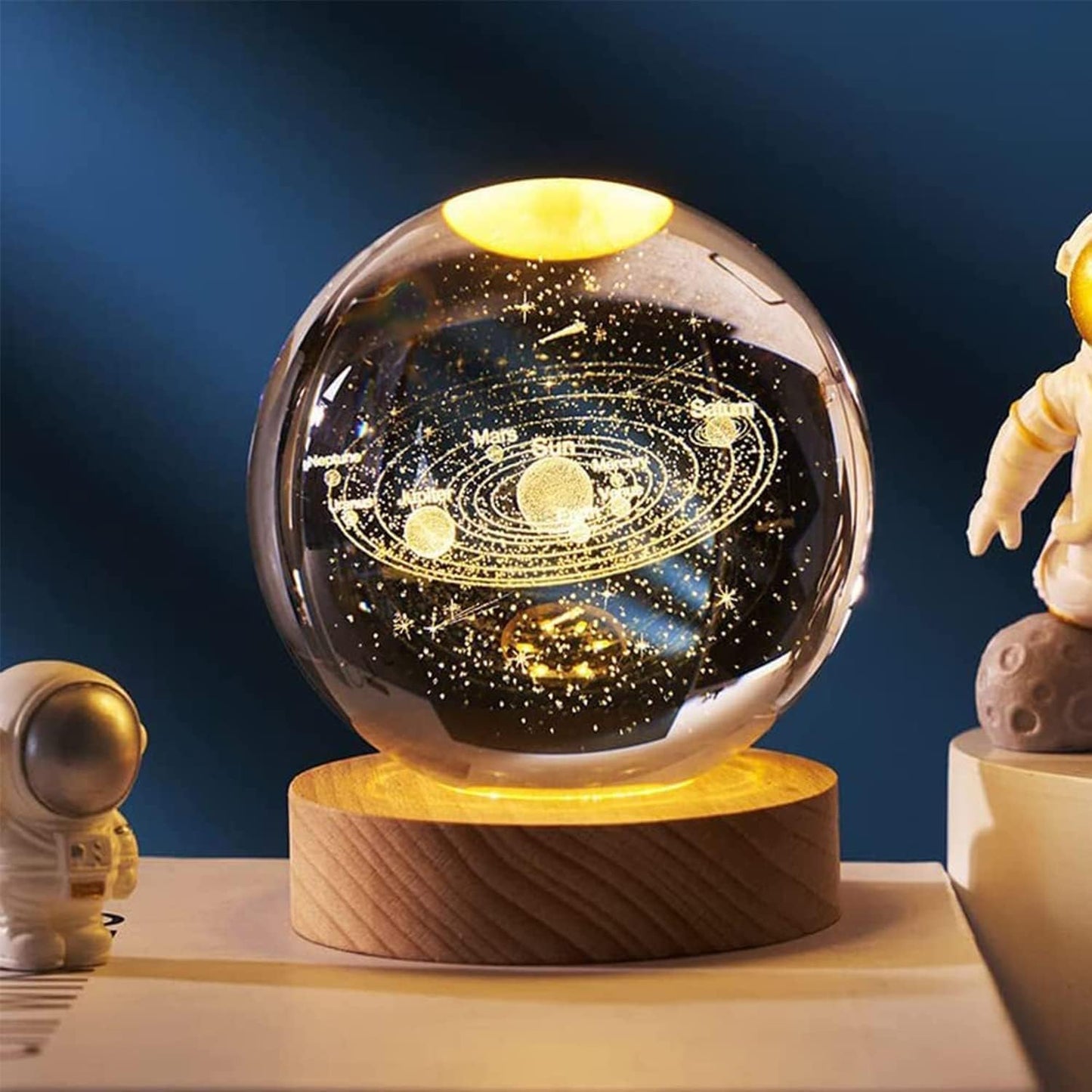 3D Moon Crystal Night Lamp with Warm White Dimmable LED Wooden Base