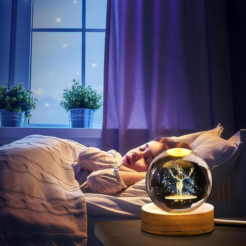 Houme 3D crystal ball night lamp — 6 cm K9 crystal ball on a wooden LED base
