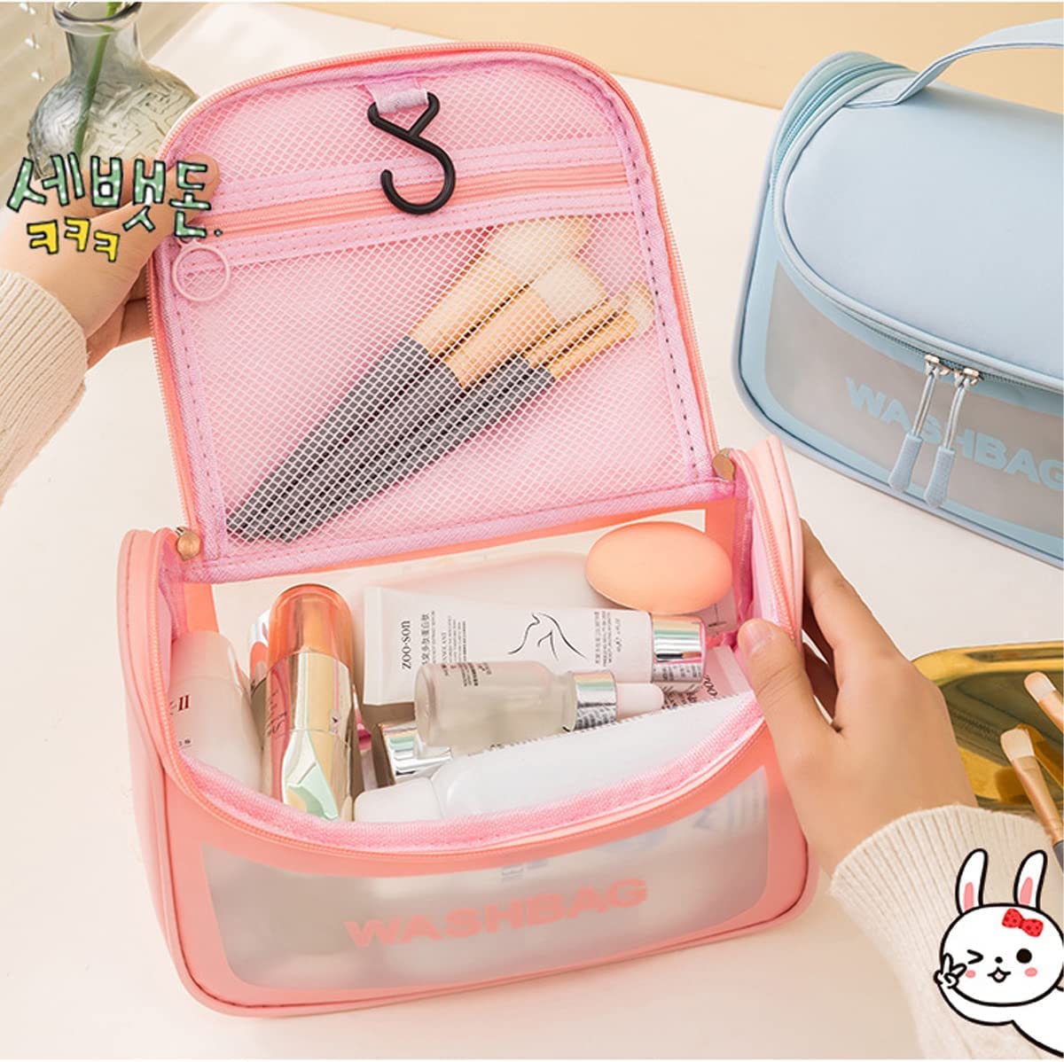 Multi-Functional Large Makeup Pouch For Women | Waterproof Pvc Cosmetic Bags With Hook For Girls - Pink (Sale)