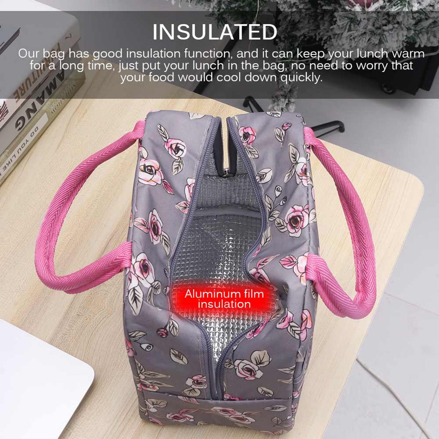 Insulated Lunch Bags For Office, Women, Men & Kids | Portable And Reusable (Rose Flower)