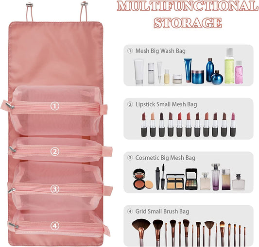Roll Up Makeup Hanging Bag with 4 Detachable Compartments (Pink)