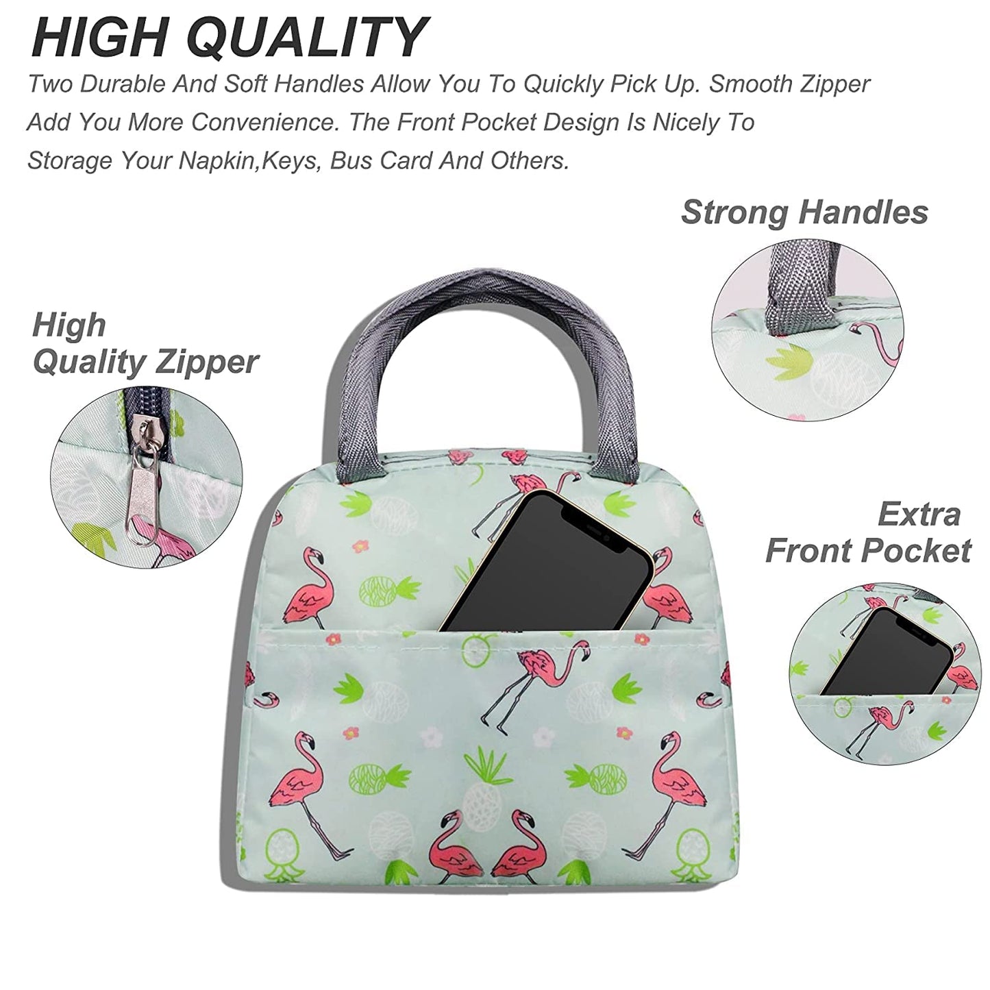 Green Flamingo Insulated Lunch Bag | Portable and Reusable (Full Print)