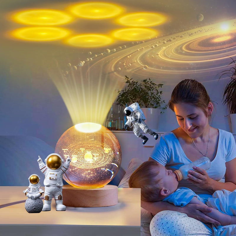 Solar System crystal ball night lamp showing the eight planets along their orbits laser-engraved inside the crystal