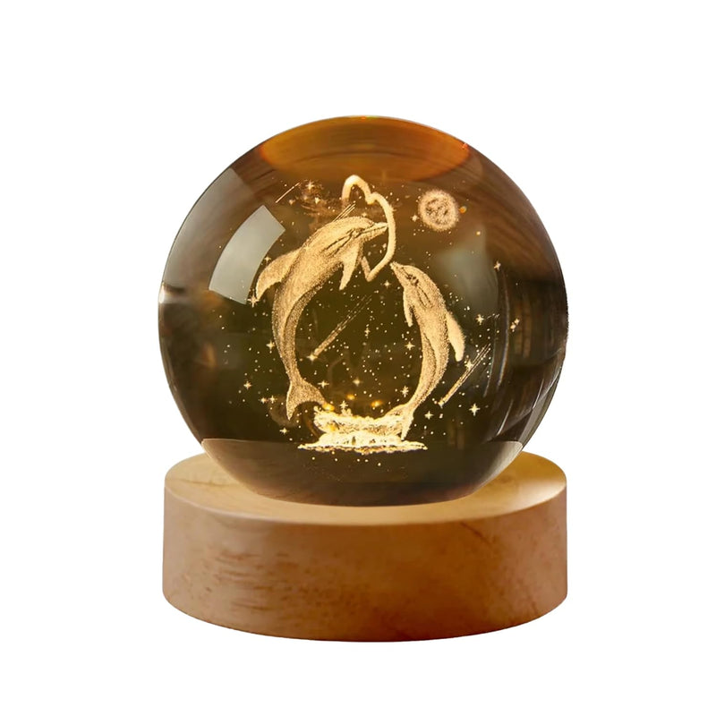 Dolphin Heart crystal ball night lamp showing two dolphins curving into a heart laser-engraved inside the crystal