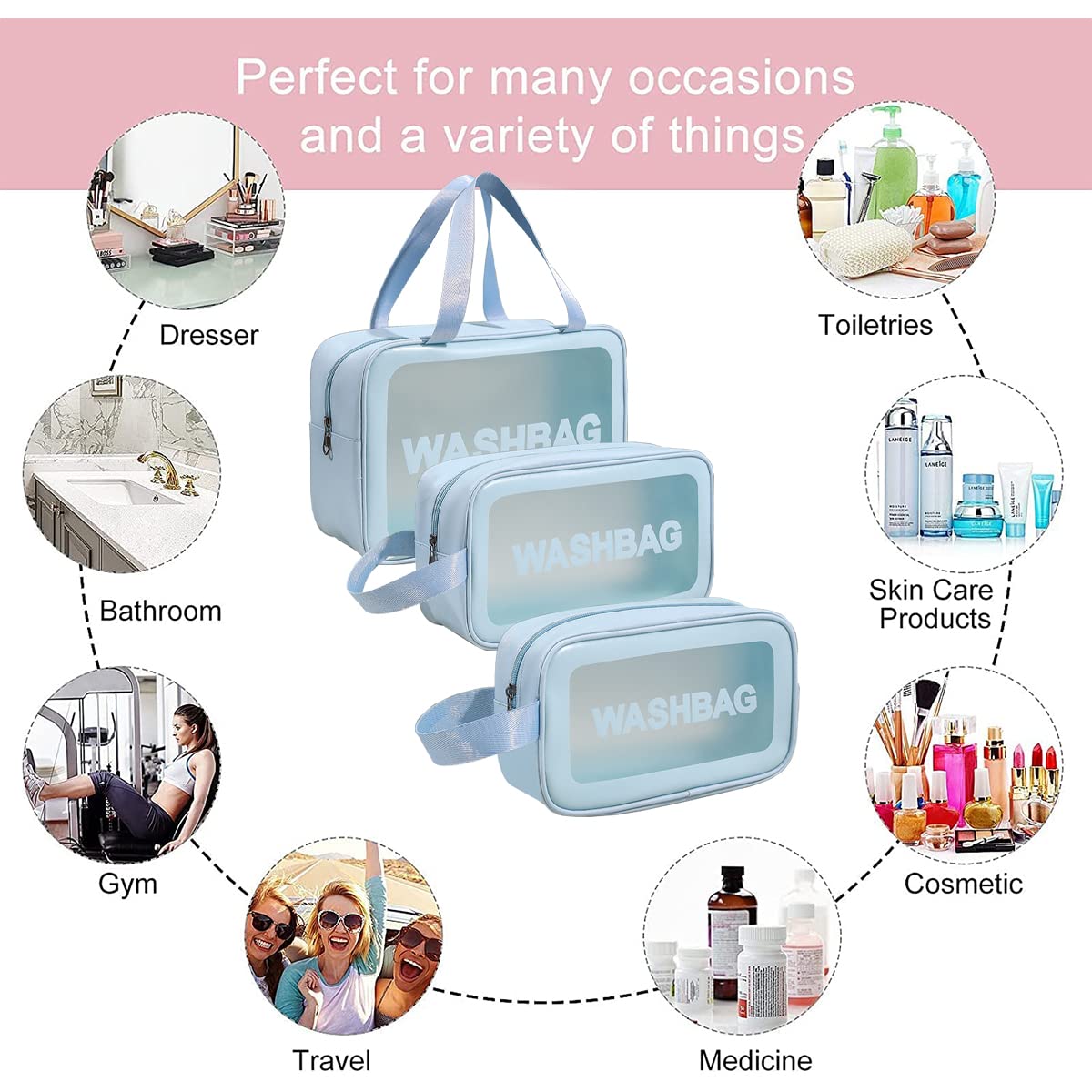 Makeup & Toiletry Bags for Cosmetics, Brushes, Accessories Set of 3 - (Blue)