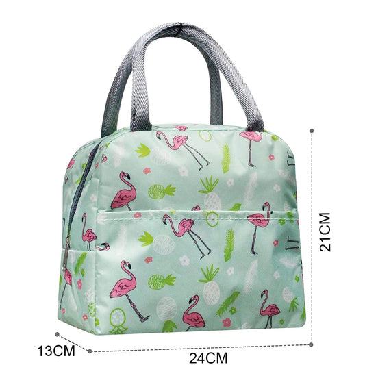 Insulated Lunch Bags For Office, School | Reusable (Green + Pink Flamingo)