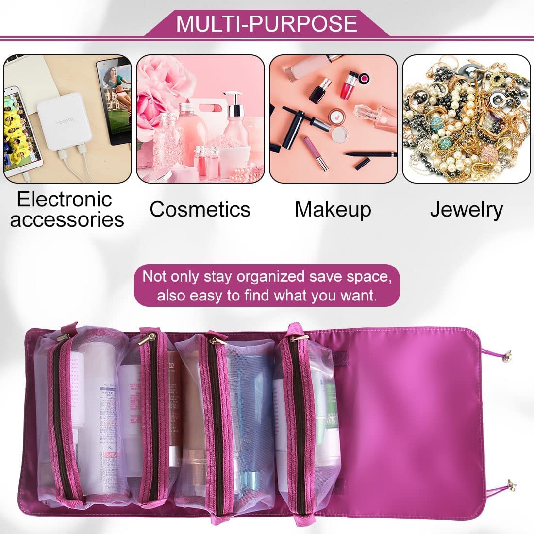 Foldable Make up Pouch for Makeup Accessories, Storage Bag for Cosmetics (Purple)