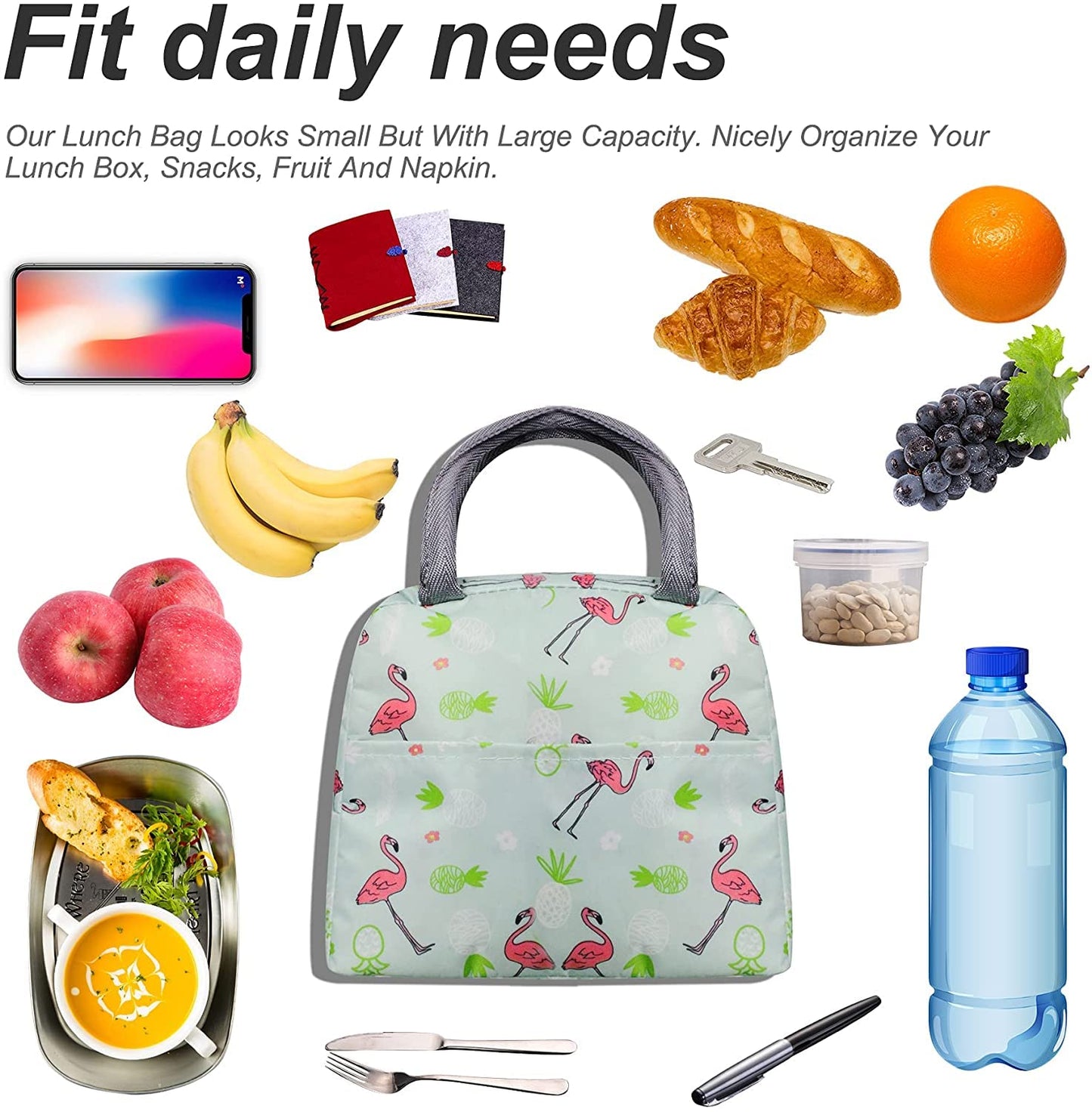 Insulated Lunch Bags For Office, School | Reusable (Orange Cat + Green Flamingo)