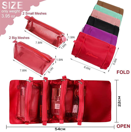 Foldable Make up Pouch for Makeup Accessories, Storage Bag for Cosmetics (Dark Red)