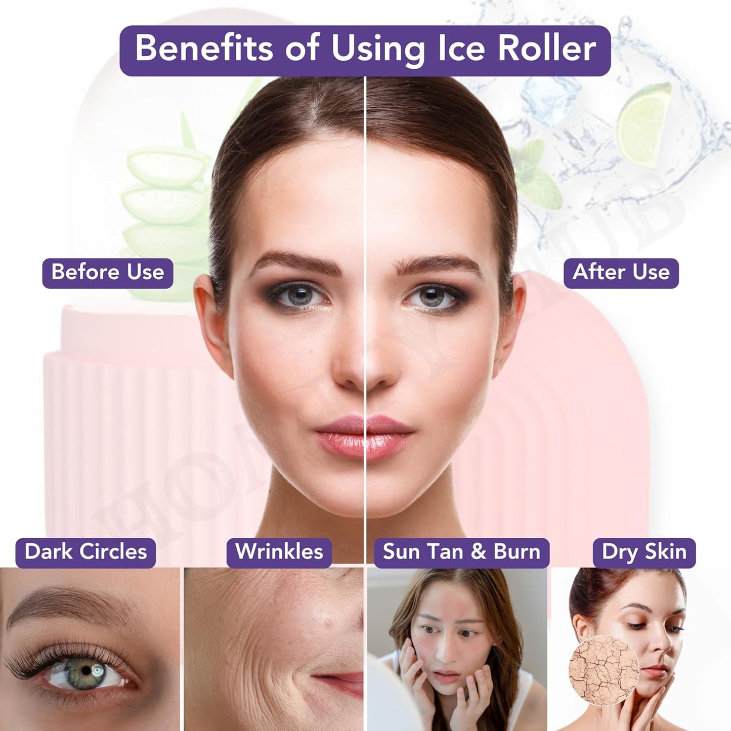 Ice Roller Combo for Face Neck & Body Cleansing, Remove Dark Puffy Eyes (Pastle Red & Purple)