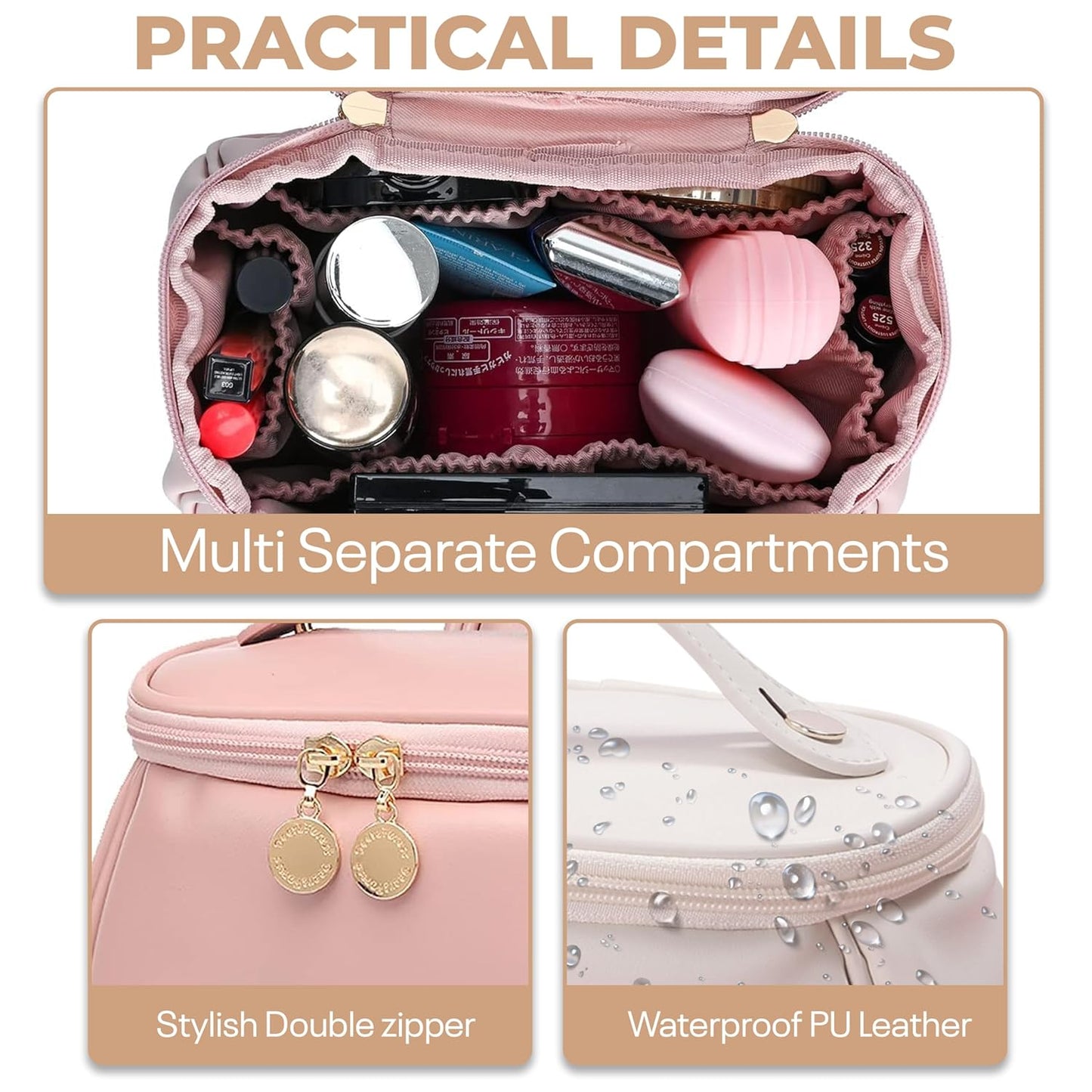 Makeup Bag, Portable Cosmetic Bag, Large Capacity for Girls & Women (Pink 50)