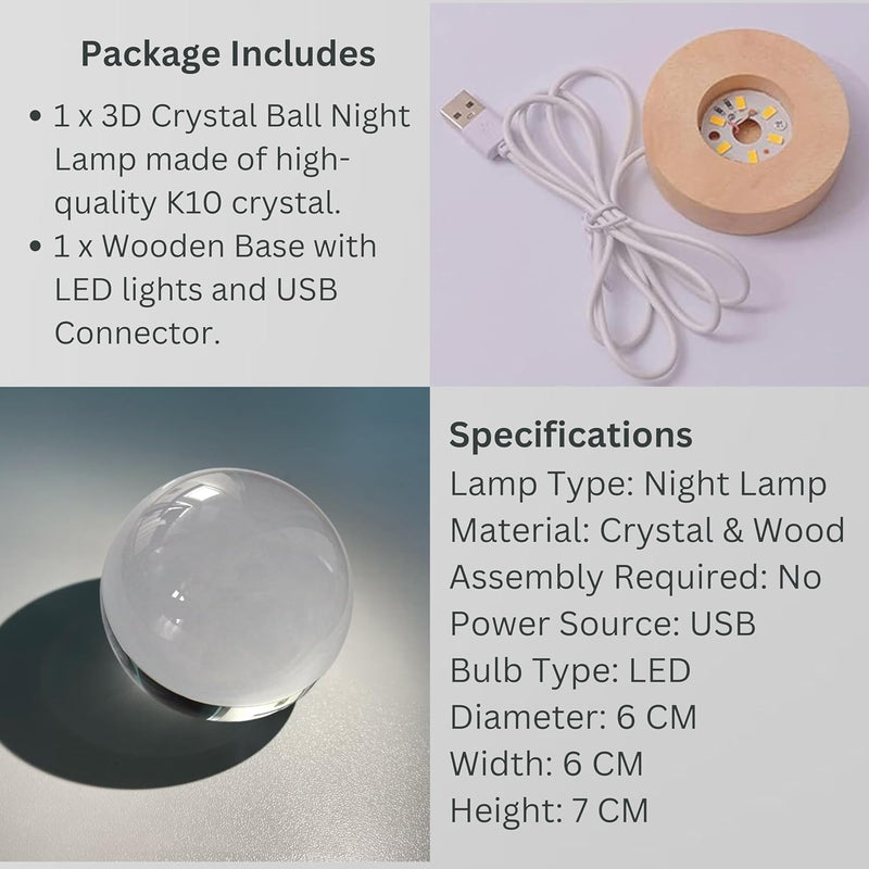 3D crystal ball night lamp lit warm white on a solid wooden base