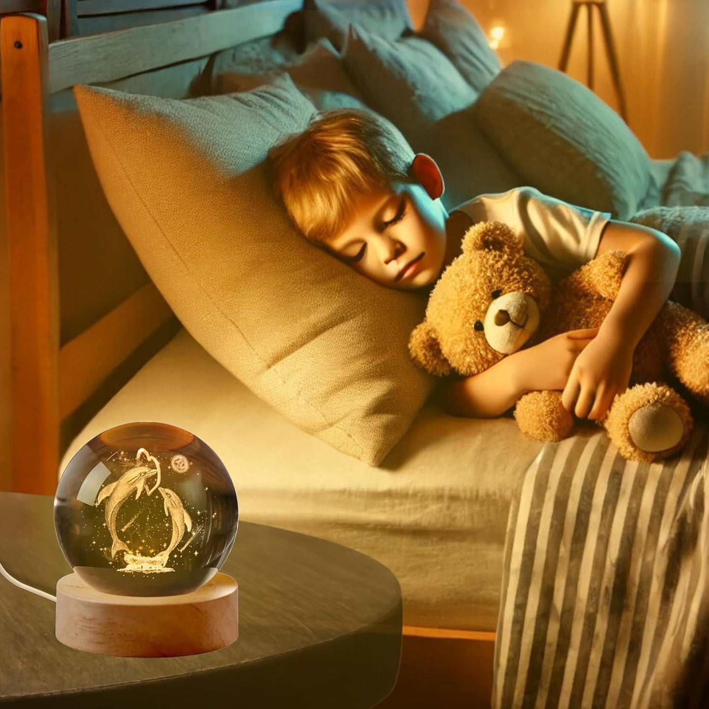 3D Galaxy Crystal Ball Night Lamp with USB Table LED - Dolphins