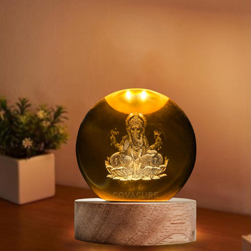 Ganesh Ji crystal ball night lamp — 6 cm K9 crystal ball on a 6 cm wooden LED base