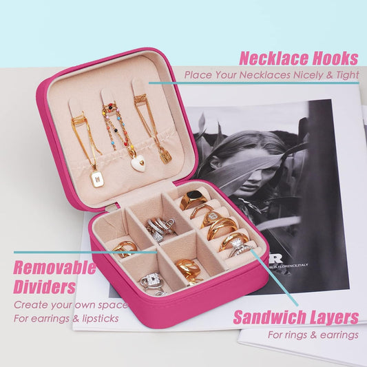 Houme Portable Jewellery Organiser with Dividers & Container for Rings, Earrings, Necklace - Pack of 2 (Pink + Light pink)