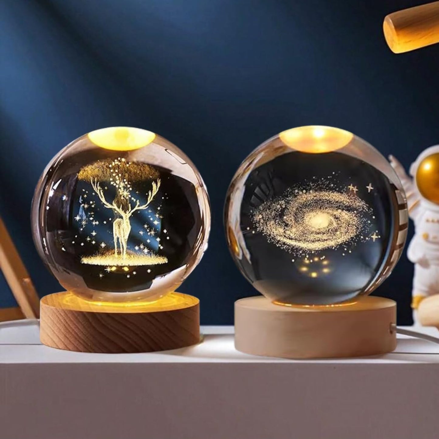 Galaxy + Deer | 3D Crystal Night Lamp with Warm White LED & Wooden Base | Pack of 2