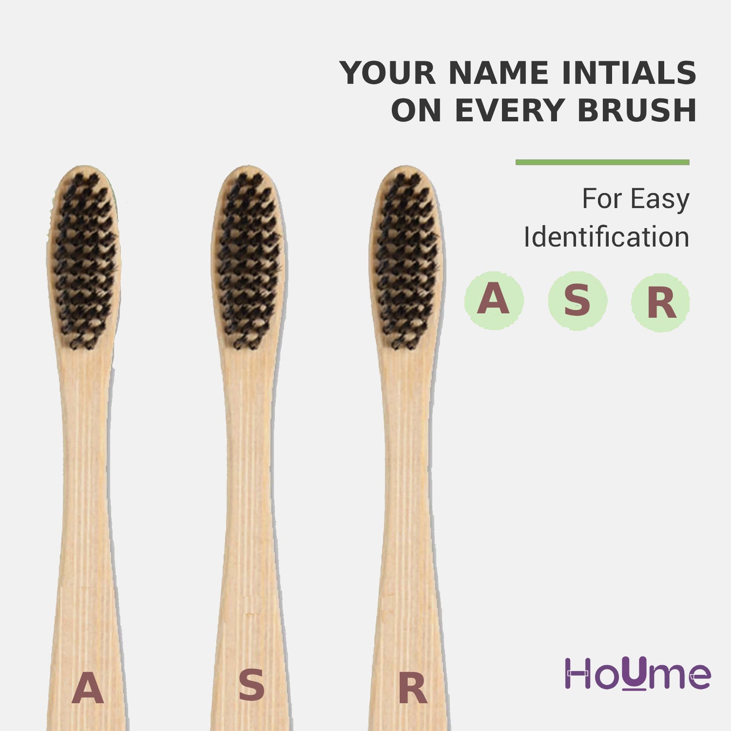 Bamboo Toothbrush with Activated Charcoal Bristles & Name Initials | Pack of 1