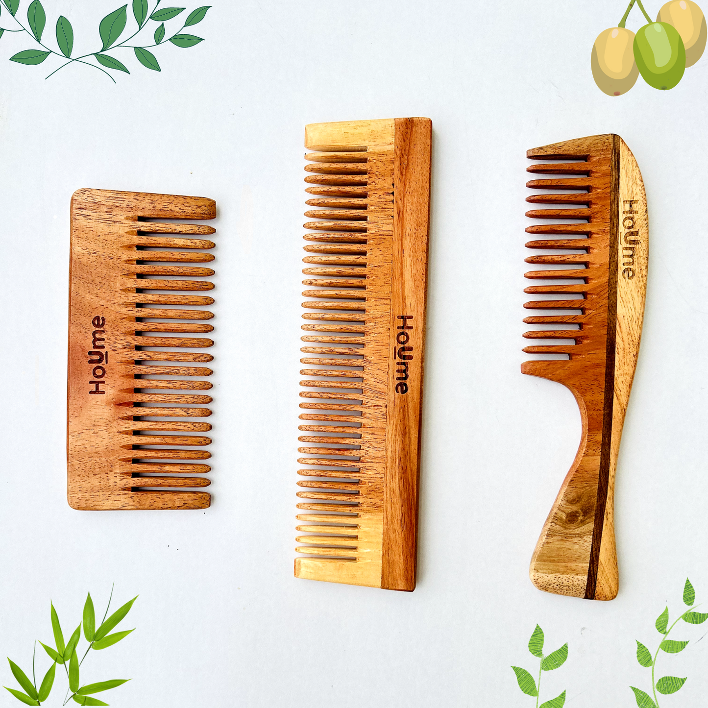 Kacchi Neem Wooden Comb Set of 3 - Soaked In 17 Herbs, Neem & Sesame Oil For Multi-Actions - Detangling, Frizz Control & Shine,Suited