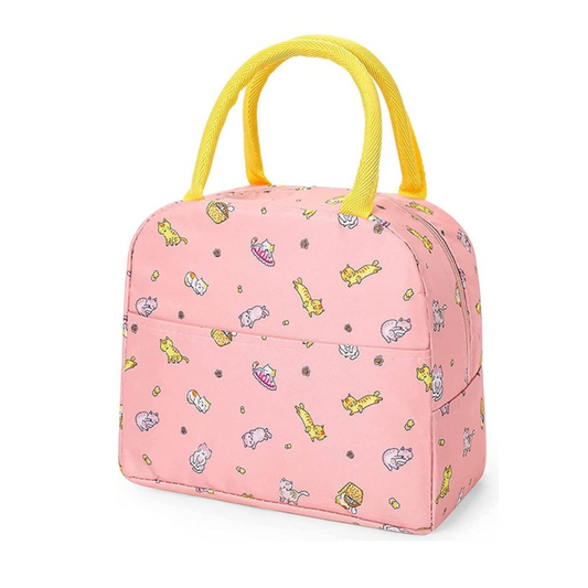 Insulated Lunch Bags For Office, School | Reusable (Orange Cat + Green Flamingo)