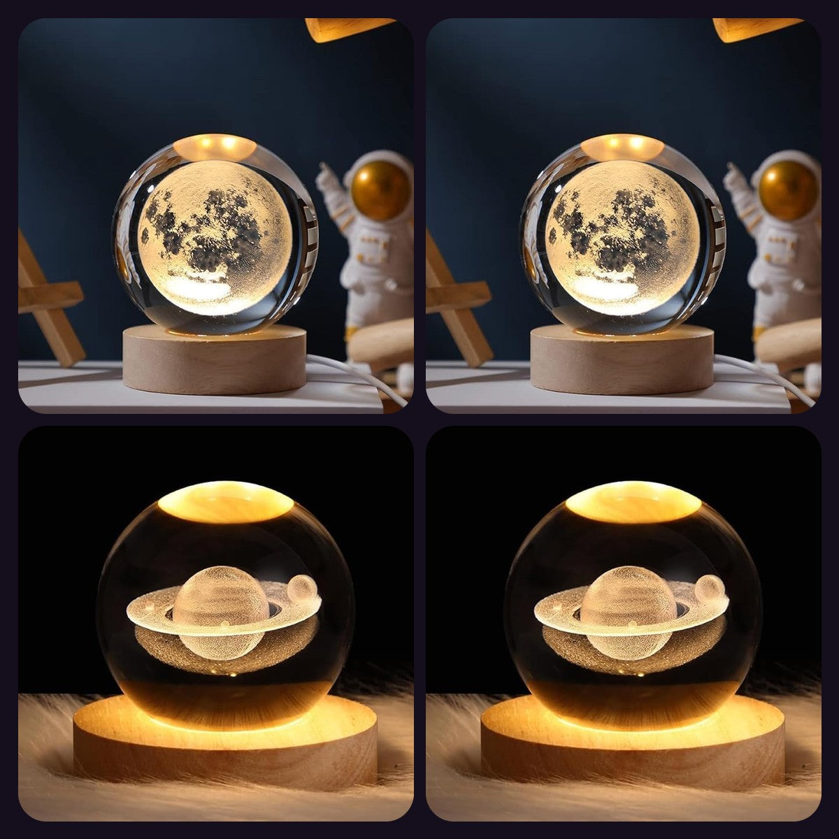 Celestial Twins Combo — Moon + Moon + Saturn + Saturn Crystal Ball Night Lamps