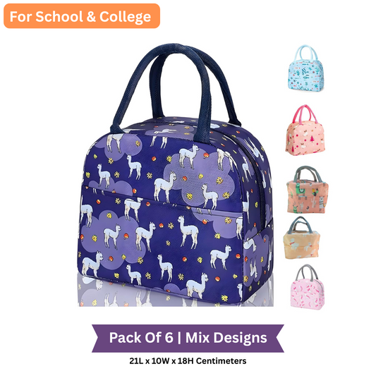 Insulated Lunch Bags For School & College | Mix Design (Pack of 6)