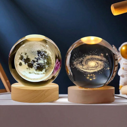 Galaxy + Moon | 3D Crystal Night Lamp with Warm White LED & Wooden Base | Combo