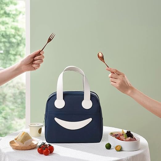 Smiley Lunch Bags for School, Office, Travel with Aluminum Lining, Leakproof | Navy Blue