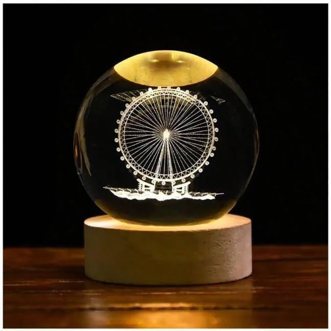 Ferris Wheel crystal ball night lamp lit warm white on its wooden base