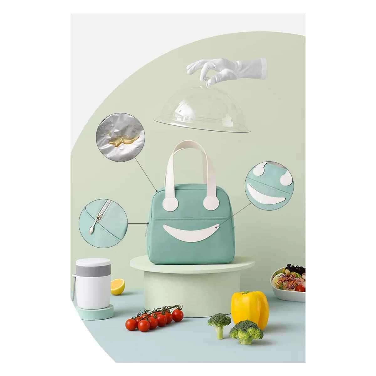 Smiley Lunch Bags for School, Office, Travel with Aluminum Lining, Leakproof | Green