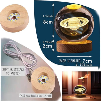 3D Saturn Crystal Ball Lamp with USB Powered 3.15 Inch LED Wooden Base, Perfect for Gifts
